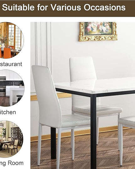 AWQM 5 Pieces Dining Table Set, Kitchen Table Set with Faux Marble Top Table and 4 Faux Leather Upholstered Chairs for Kitchen, Breakfast Nook, Dining Room, White+Beige, 47.25" L x 27.56" W x 30.1" H