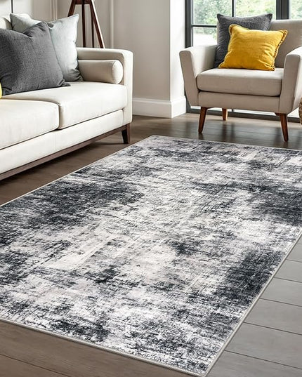 IOHOUZE Abstract Area Rug 4x6 Ft Washable Rugs for Entryway Indoor, Non Slip Small Living Room Rugs Printed Faux Wool Throw Rug, Floor Carpet for Kitchen Nursery Playroom, Black Grey