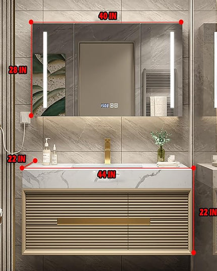 Golden Bathroom Vanity - 44IN Modern Luxurious Bathroom Vanity with Sink with Smart LED Defogging Mirror & Metal Elements & Hidden Handle | Unique Striped Design & Large Capacity Storage Space