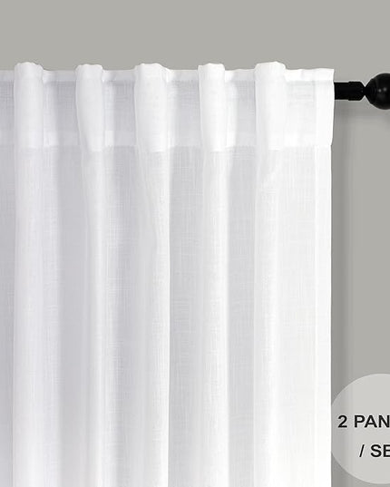 Pitalk White Linen Curtains 92 Inch Length 2 Panel for Living Room Dining Back Tab Rod Pocket Pinch Pleated Look Window Curtain Drape Rustic Farmhouse Decor Semi Sheer Curtain for Bedroom 52 x 92 Long