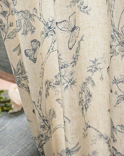 Lazzzy Linen Floral Farmhouse Curtains Blue Curtains 90 Inch Length Drapes for Living Room Bedroom Pattern Light Filtering Country Vintage Curtain Grommet Top, 2 Panels, Blue on Beige