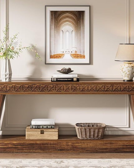 Tribesigns Farmhouse Console Table, 70.9-Inch Extra Long Entryway Table with Storage, 2-Tier Narrow Sofa Table Behind Couch, Wooden Accent Table for Living Room, Hallway, Foyer, Dark Brown