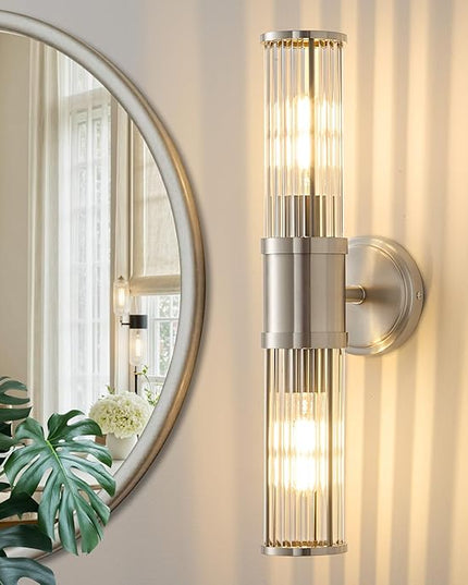 Brushed Nickel Wall Sconce Bathroom Vanity Light Fixtures for Mirror, Modern Wall Light with Glass Rod Shade for Bathroom, Bedroom, Hallway, Living Room - Bulb Not Included