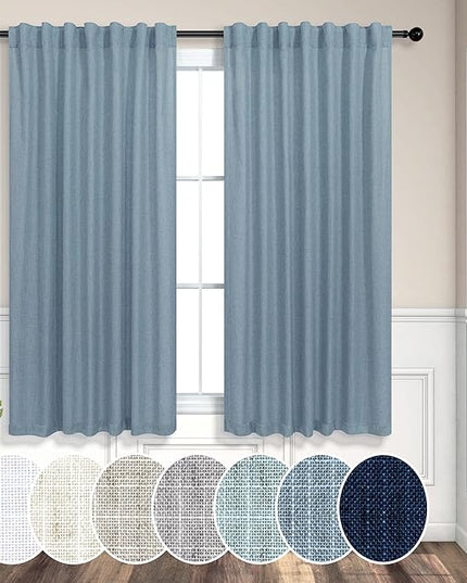 Country Blue Curtains 54 Inch Length for Bathroom 2 Panels Pocket Tab Loops Light Reducing Semi Privacy Energy Efficient Linen Sheer Vintage Blue Curtains for Boys Bedroom Chambray Blue Dusty