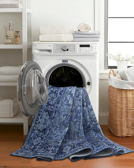 ReaLife Rugs Machine Washable Area Rug Runner - Living Room Bedroom Bathroom Kitchen Entryway Office - Padded Low Pile Stain Resistant Premium - Boho Vintage Traditional - Lyle - Blue 3' x 5'