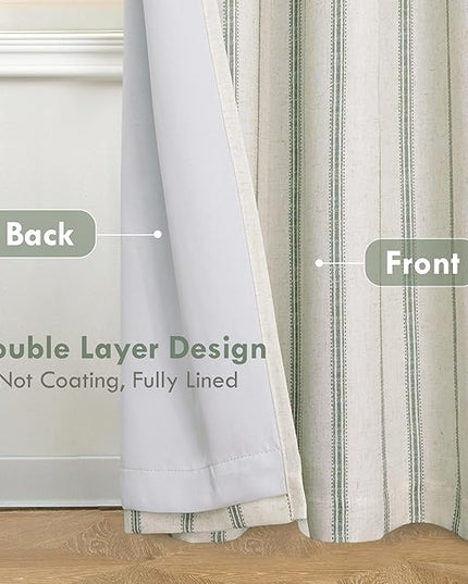 DriftAway Farmhouse Linen Blend Blackout Curtains 90 Inches Long for Bedroom Vertical Striped Printed Linen Curtains Thermal Insulated Lined Treatments for Living Room 2 Panels W52 x L90 Loden Green