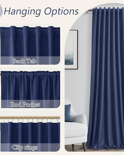 Guken Blackout Curtains 108 Inch Length 2 Panels Set for Living Room Bedroom Back Tab Thermal Insulated 100% Black Out Linen Drapes Room Darkening Window Curtains 108 Inches Long,Classic Blue