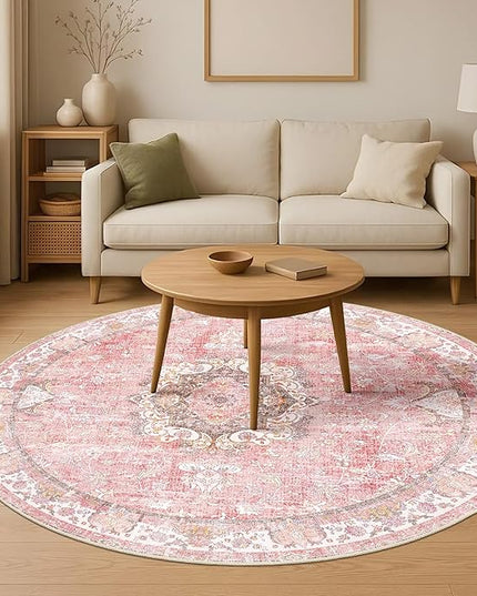 Pink Round Rug 6ft,Large Circle Area Rugs for Living Room Bedroom Dining Room,Washable Boho Vintage Bohemian Distressed Oriental Floral Carpet Non Slip,Blush Floral Flowers