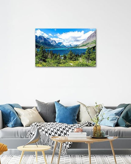 SKASNFAI Glacier National Park Wall Art Lake Mountains Pictures Framed Canvas Prints Artwork for Living room Bedroom Office Ready to Hang (16x24 inch)