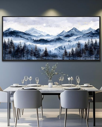 ERQINHUA Canvas Wall Art For Bedroom Large Wall Decor For Living Room Office Mural Misty and Fog Forest Painting Mountain Landscape Picture Artworks Home Decor Black Framed Ready To Hang 32x72 In