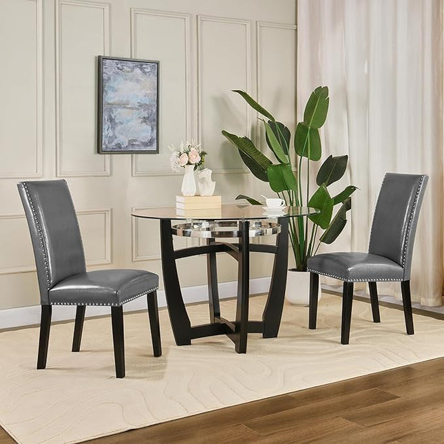 PADMA HOUSE Round Glass Dining Table Set for 2, 45in Modern Kitchen Small Wood Dinner Table with 2 Parsons Leather Dining Chairs 3 Piece Dining Room Table Chair Set, Clear&Grey