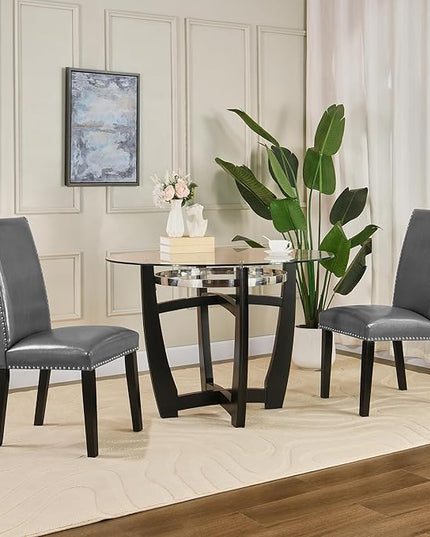 PADMA HOUSE Round Glass Dining Table Set for 6, 45in Modern Kitchen Small Wood Dinner Table with 6 Parsons Leather Dining Chairs 7 Piece Dining Room Table Chair Set, Clear&Grey