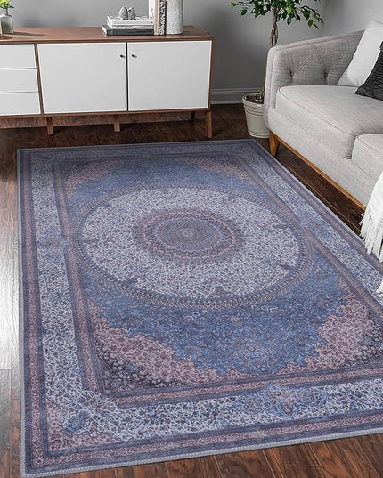 GLN Rugs Traditional Collection - Machine Washable Area Rug, Traditional Washable, Non Slip, Low Pile Chenille Rug, Living Room, Bedroom, Kitchen Rug (2'x3' Navy/Off White)