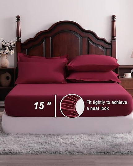 NTBAY Queen Comforter Set with Sheets, 7 Pieces Soft and Breathable Queen Bedding Set, Bed in a Bag, Down Alternative Comforter Set Solid Color All Season, Queen Bedding Set, Wine Red