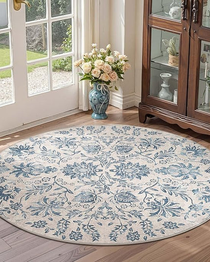 jinchan Torino Classic Floral Round Rug 4ft, Vintage-Inspired Design 4’Circle Rug, Machine Washable Ultra-Thin Low-Pile Non-Slip Indoor Carpet for Bedroom Dining Room Living Room Entryway Dark Blue