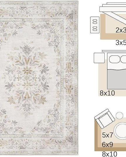 jinchan Vintage Floral 5x7 Area Rugs - Machine Washable Distressed Design Soft Ultra-Thin Low-Pile Non-Slip Carpet for Kitchen Bedroom Nursery Living Room Dining Room Home Office (5x7ft, Light Grey)