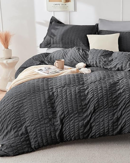 HYMOKEGE Dark Grey/Light Grey Full Size Comforter Sets Seersucker 7 Pieces, All Season Luxury Bed in a Bag for Bedroom, Bedding Set with Comforter, Sheets, Pillowcases & Shams