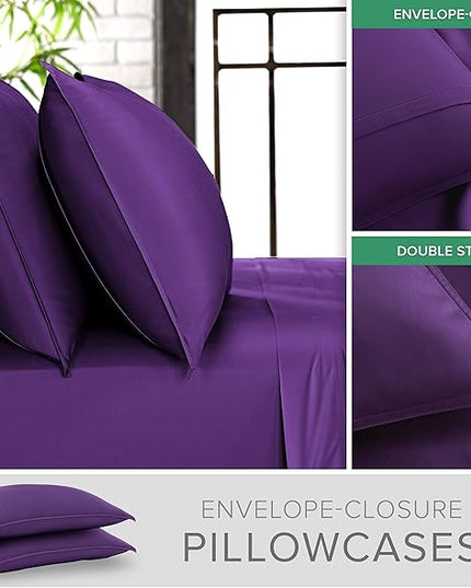Pure Bamboo Queen Sheets, Genuine 100% Organic Viscose Derived from Bamboo Bed Sheet Set, Luxuriously Soft & Cooling, Double Stitching, 2 Year Quality Promise (Queen, Purple)