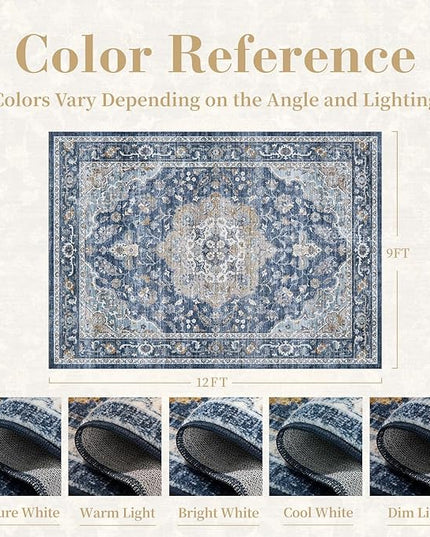 PADOOR-Vintage Area Rug 9X12 Rugs for Living Room-Soft Blue Rugs for Bedroom-Machine Washable Rug Non Slip Carpet-Rug for Dining Room Living Room Bedside Office
