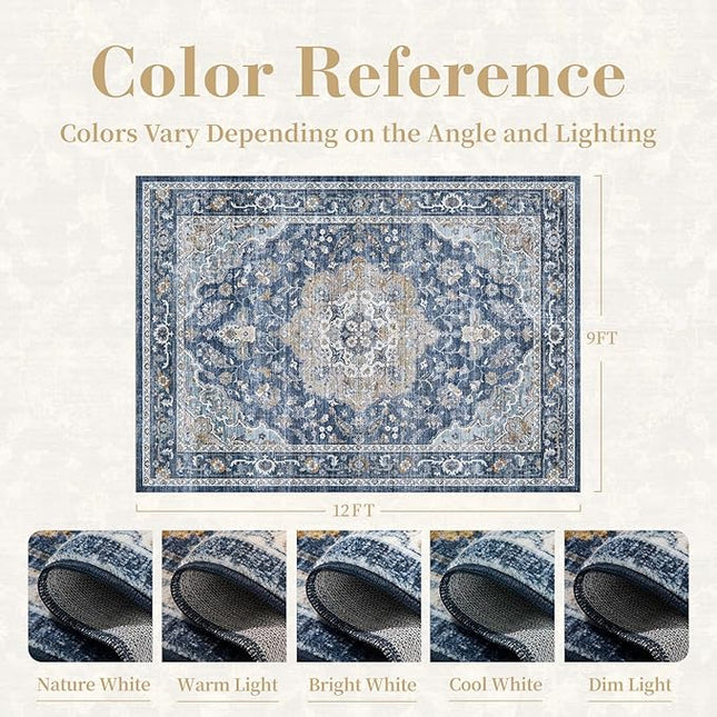 PADOOR-Vintage Area Rug 9X12 Rugs for Living Room-Soft Blue Rugs for Bedroom-Machine Washable Rug Non Slip Carpet-Rug for Dining Room Living Room Bedside Office