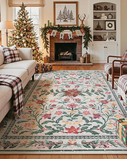 Wonnitar Christmas Rug for Living Room, Christmas Home Decor 8x10 Washable Rug, Ultra-Thin Soft Holiday Floral Print Non Slip Winter Indoor Carpet for Bedroom Kids Room Xmas Dining Room