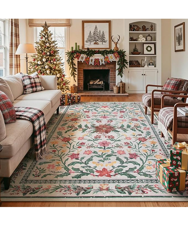 Wonnitar Christmas Rug for Living Room, Christmas Home Decor 8x10 Washable Rug, Ultra-Thin Soft Holiday Floral Print Non Slip Winter Indoor Carpet for Bedroom Kids Room Xmas Dining Room