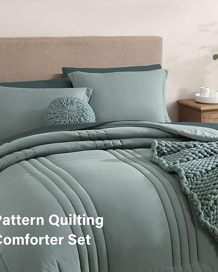 Monbix Oversized Queen Comforter Set - 7 Pieces Sage Green Bed in a Bag Oversized Queen Bedding Sets with Comforters, All Seasons Down Alternative Comforter Bed Set with Sheets,Pillowcases & Shams
