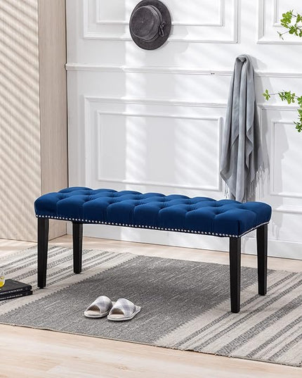 KCC Button-Tufted Ottoman Bench, Upholstered Bedroom Benches Velvet Footrest Stool Accent Bench for Entryway Dining Room Living Room Bedroom End of Bed, Blue