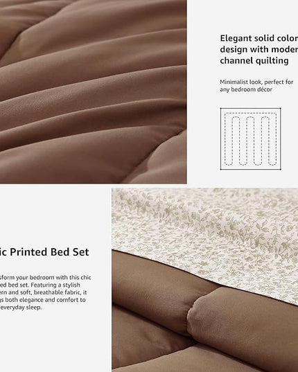 Monbix Full Comforter Set - 7 Pieces Brown Bed in a Bag Full Size Track Stitching Bedding Sets, All Seasons Comforter with Sheets, Pillowcases & Shams