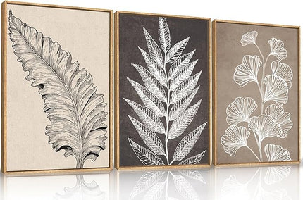 HOURIA Abstract Boho Fern Leaf Floral Framed Canvas Wall Art Set,Vintage Botanical Leaves Wildflower Decor,Modern Minimalist Nature Inspired Beige & Brown Artwork for Living Room,Farmhouse-16 x24 x3