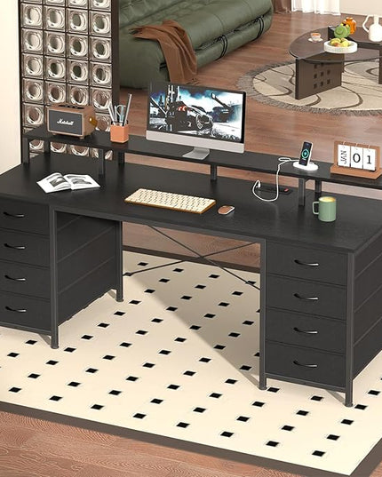 60 Inch Computer Desk with 8 Drawers, Gaming Desk with LED Lights & Power Outlets, Home Office Desk with Monitor Stand, Black