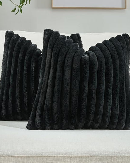 FUTEI Black Throw Pillow Covers Set of 2, 24x24 Inch Striped Texture European Cushion Cases with Soft Faux Rabbit Fur Front & Velvet Back, Modern Decorative Couch Pillows for Living Room