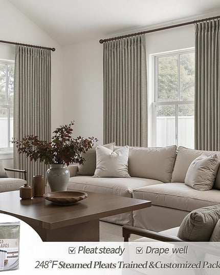 Blackout Double Layer Thick Linen Sepia Ebony Curtains 84 Inches Long for Living Room 2 Panels Set, Memory Trained Pinch Pleated Thermal Soundproof Country Viral Windows Curtain & Drapes 40"W x 84"L