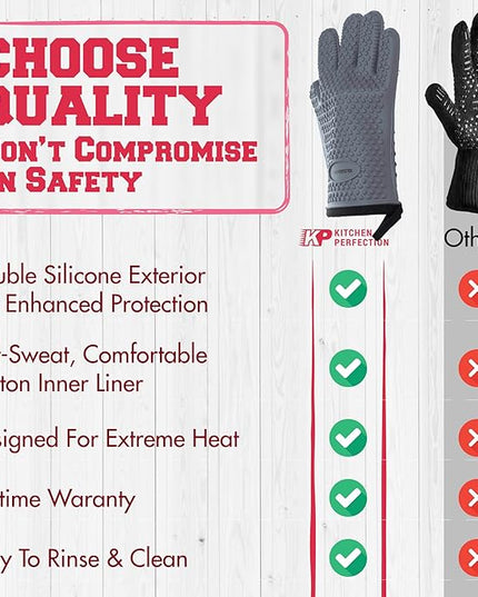 KITCHEN PERFECTION S Silicone Smoker Oven Gloves for Women -Extreme Heat Resistant BBQ Gloves -Handle Hot Food Right on Your Grill Fryer |Waterproof Oven Mitts Cooking Gloves |Superior Set+3 Bonuses