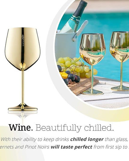 Gusto Nostro Stainless Steel Wine Glass - 18 oz Unbreakable Gold Wine Glasses for Travel, Camping and Pool - Fancy, Unique and Cute Portable Metal Wine Glass for Outdoor Events, Picnics (Set of 2)