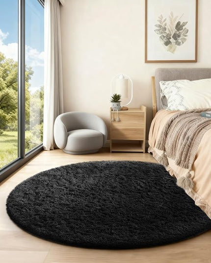 Ophanie Round Rug 4Ft Black Circle Area Rug, Room Decor for Men, Fluffy Fuzzy Bedroom Carpet, Plush Soft Shaggy Living Room Rugs for Kids Home Decor Aesthetic, Nursery