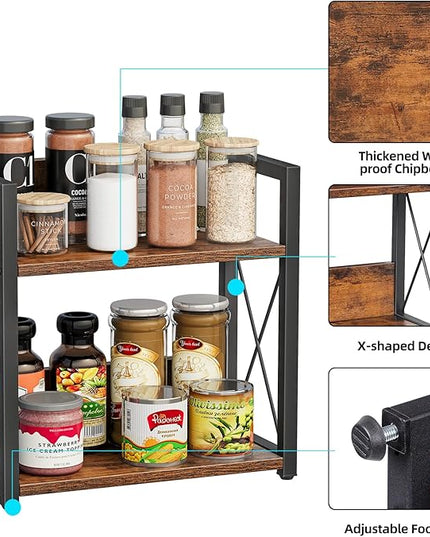 Giikin Counter Shelf Organizer, 2 Tier Kitchen Spice Rack for Countertop, Wood Coffee Counter Organizer for Home (Rustic Brown, L)