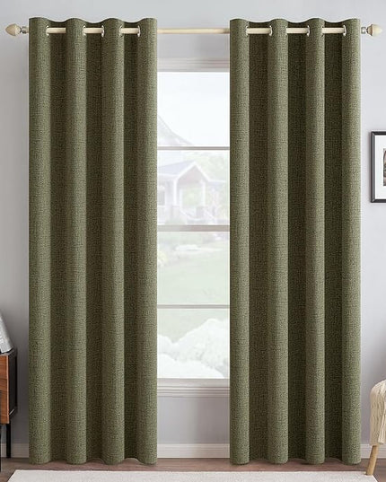 MIULEE Linen Texture Curtains for Bedroom Solid 100% Blackout Thermal Insulated Light Olive Green Curtains Grommet Room Darkening Drapes for Living Room Nursery 52x90 Inch (2 Panels)