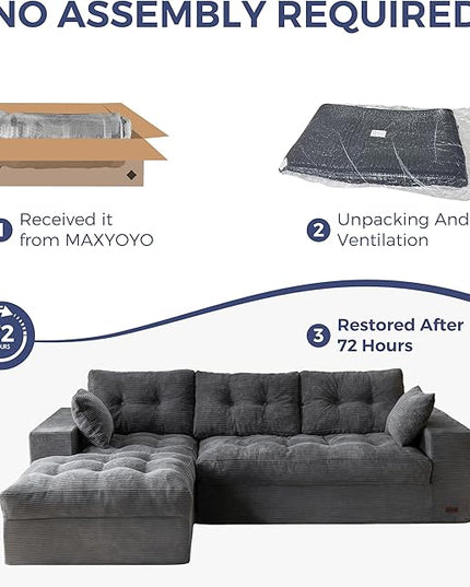 MAXYOYO 104" L Shaped Modular Sectional Sofa with Ottoman, Cloud Boneless Couch with Layered Cushion, Upholstered Sofa in a Box, Flexible Module Combination for Living Room, No Assembly, Dark Grey