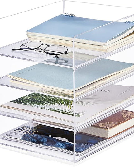 Harloon 4 Tier Acrylic Paper Tray 12 x 9.3 x 2.7 Inches Stackable Letter Clear Organizer No Need to Assemble Acrylic Paper File Organizer for Office Workspace Desktop Storage(Transparent)