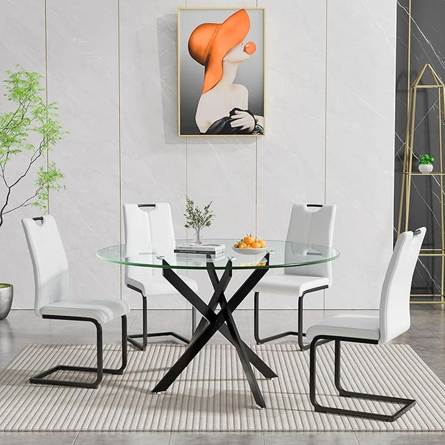 HomVent 5 Piece Round Glass Dining Table Set, Round Glass Kitchen Table Set for 4 with 4 PU Upholstered Dining Chairs for Kitchen Dining Room