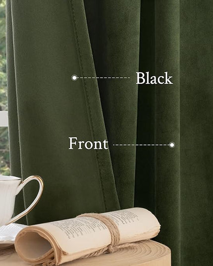 LAMIT Olive Green Velvet Curtains for Living Room 102 Inch Length, Room Darkeing Blackout Panels Luxury Thermal Insulated Back Tab and Rod Pocket Window Drapes for Bedroom, 2 Panels, 52 x 102 Inch