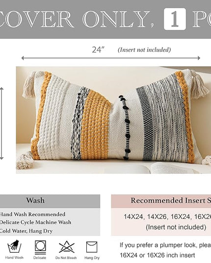 BlissBlush Decorative Lumbar Throw Pillow Cover 14x24 Boho Yellow Mustard Accent Cushion for Couch Sofa Farmhouse Pillowcase for Bedroom Living Room Home Décor Cover ONLY