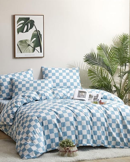 CLOTHKNOW Blue White Plaid Queen Comforter Set 3Pcs Grid Bedding Comforter Sets All Season Light Blue Comforter Checker Queen Size Comforter Sets