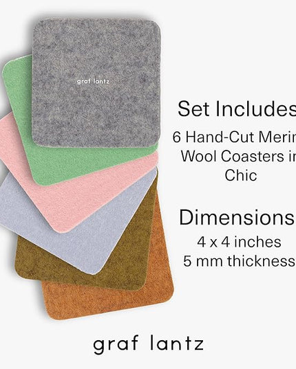 Graf Lantz - Bierfilzl Merino Wool Square Coasters Set of 6 - Chic (4"x4"x5mm) - Absorbs 30% of Weight - Natural German Wool - Heat Resistant, Sustainable, Reusable - Home Decor & Coffee Table Decor
