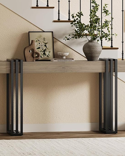 63" Long Console Table for Entryway - Behind Couch Table for Living Room, Wood Sofa Tables with Black Parallel Metal Frame & Power Outlet for Hallway, Entrance, Narrow Foyer, Light Walnut
