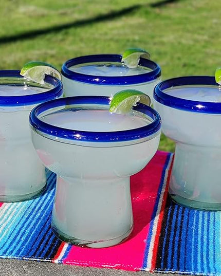 Dos Sueños Mexican Hand Blown Glass – Set of 4 Hand Blown Stemless Blue Rim Margarita Glasses (14oz)