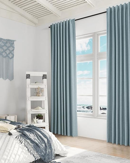 Blue Linen Blackout Curtains 144 Inch Length 2 Panels Set for Living Room Bedroom Back Tab Thermal Insulated 100% Black Out Linen Drapes Room Darkening Window Curtains 144 Inches Long Dusty Blue