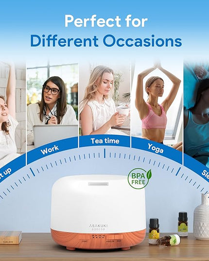 ASAKUKI Essential Oil Diffuser 500ml, Ultrasonic Aromatherapy Humidifier with Remote Control, 7 LED Colors, Timer & Auto-Off, Large Room Diffuser