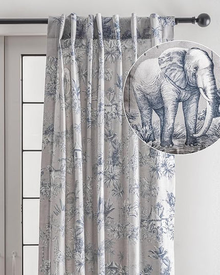 Maison d' Hermine Curtains for Living Room 100% Cotton 124 inch Length One Panel Light Filtering Toile Curtains for Bedroom Windows with Rod and Loop Pockets Drapes (Savana Jouy Blue, 50" W x 124" L)